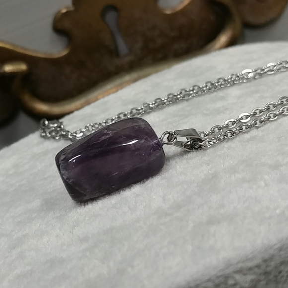 Amethyst Necklace Natural Gemstone Crystal Pendant Stainless-Steel Chain Purple - Picture 12 of 17
